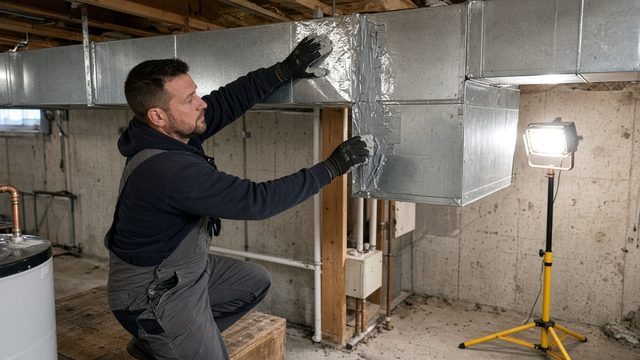 Technician sealing seams on forced-air ductwork in a basement
